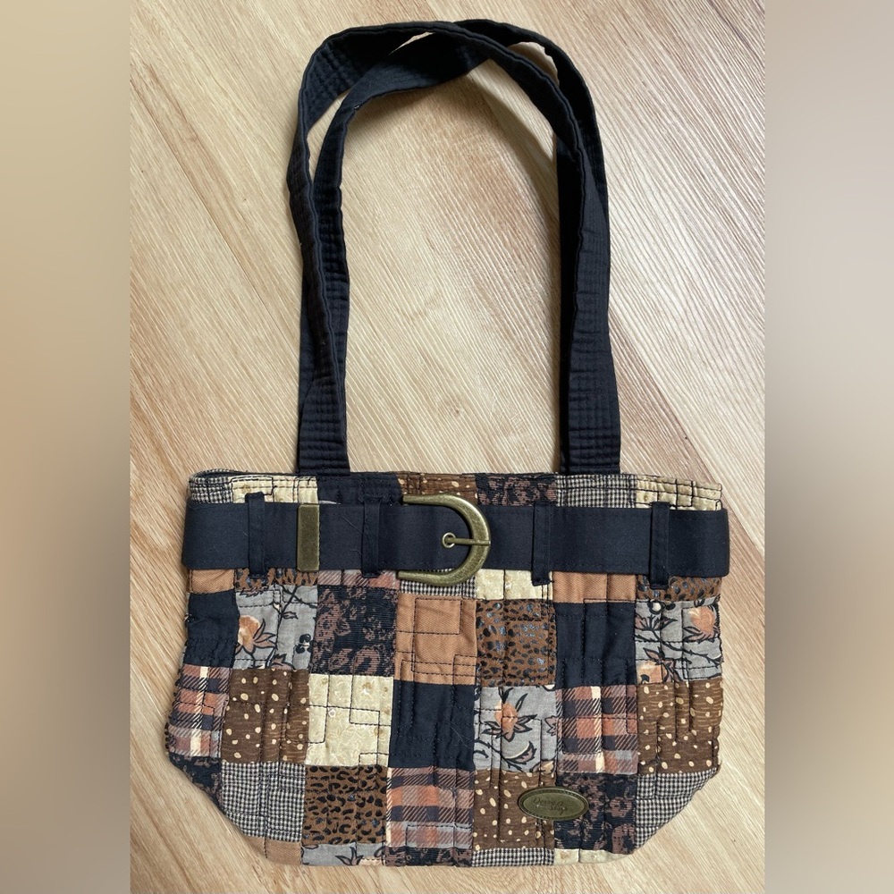 Donna Sharp patchwork shoulder bag purse tan gray black plaid floral preppy
